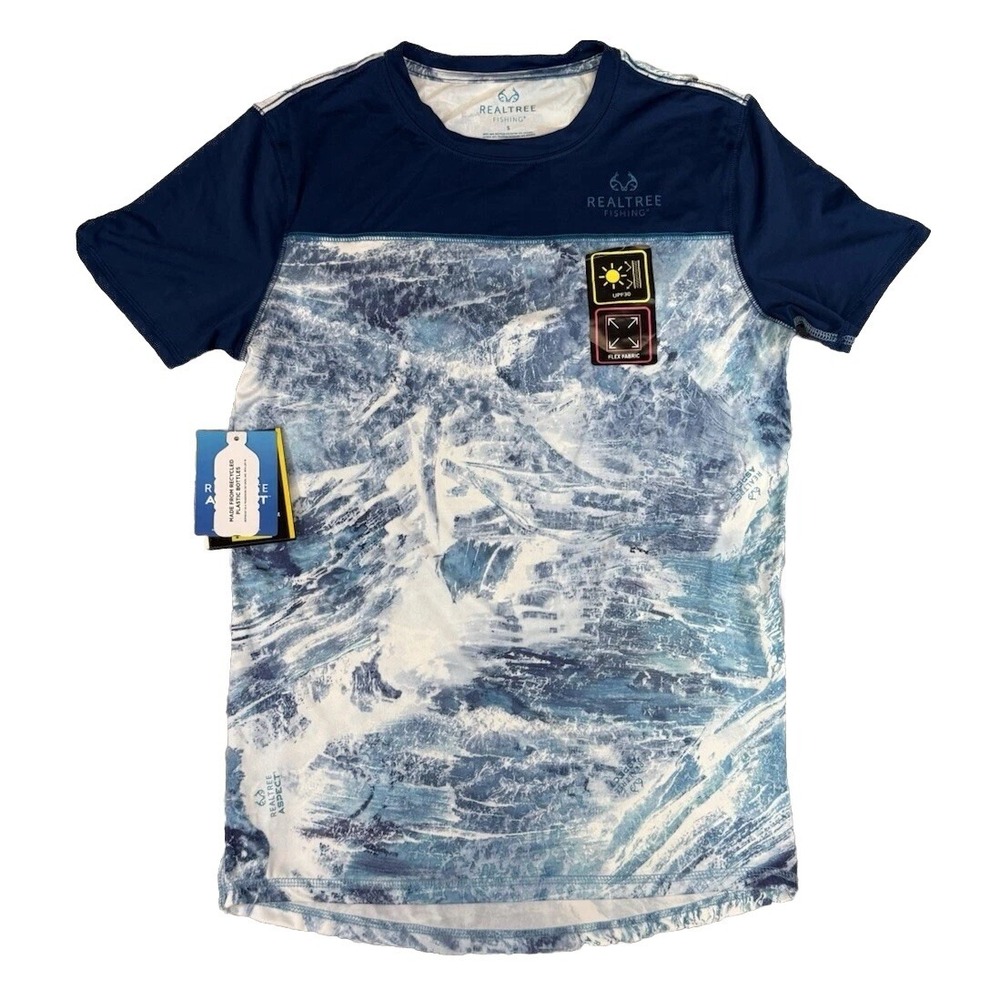 Realtree Mens Blue Wave Crest Short Sleeve Performance Fishing Shirt Small New!
